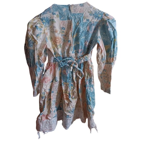 Girls 7 True Vintage Boho Peasant Floral Lace Puff Sleeve Dress Tie-Back 1970's - Picture 3 of 9